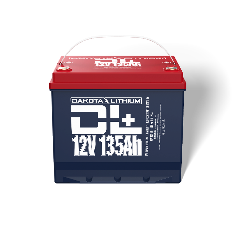 Image of a Dakota Lithium 12V 135Ah deep cycle battery, blue with a red top and white handle, front view on a white background