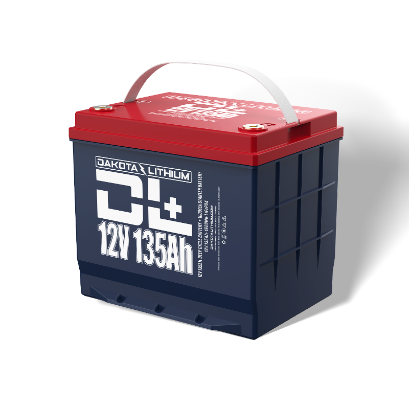 Image of a Dakota Lithium 12V 135Ah deep cycle battery, blue with a red top and white handle, angled front and right side view on a white background