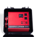 Image of an open Dakota Lithium Powerbox 135 revealing a red 2000W Pure Sine Wave Inverter with display, AC outputs, and USB ports, front view on a dark background