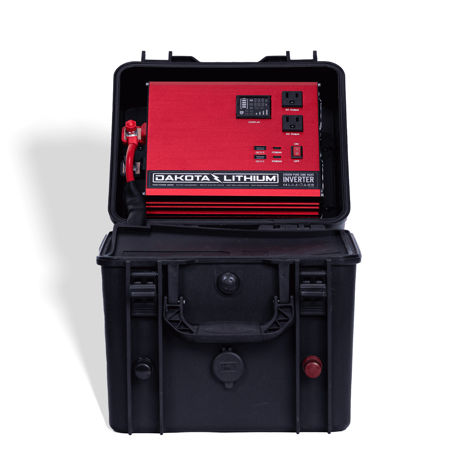 Image of an open black Dakota Lithium Powerbox 135 revealing a red 2000W Pure Sine Wave Inverter with display, AC outputs, and USB ports, front view on a dark background