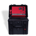 Image of an open black Dakota Lithium Powerbox 135 revealing a red 2000W Pure Sine Wave Inverter with display, AC outputs, and USB ports, front view on a dark background
