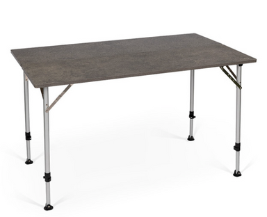 Image of a gray camping table with adjustable silver legs, angled front and side view on a white background.