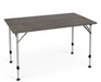 Image of a gray camping table with adjustable silver legs, angled front and side view on a white background.