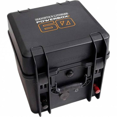 Image of the Dakota Lithium Powerbox 60, a portable battery box with the logo and "Powerbox 60" text in orange on the black case. The image shows an angled view of the sealed box with its handle and various ports