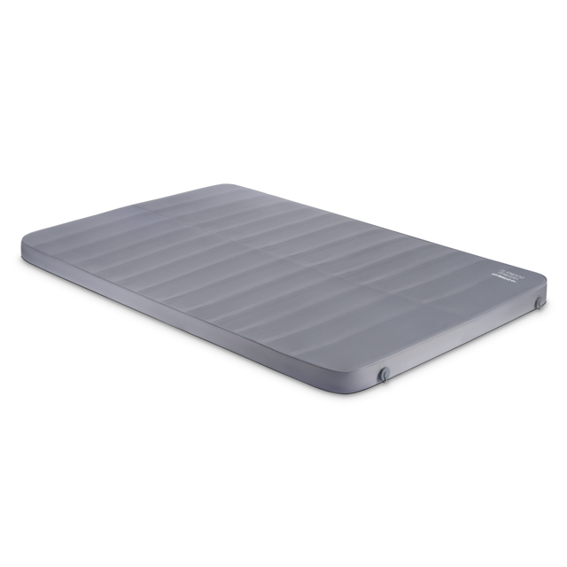 Image of a gray double self-inflating sleeping pad with ribbed texture, angled on a dark background.