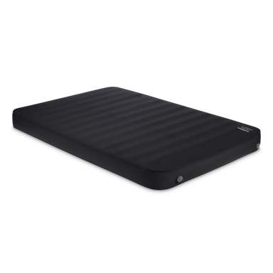 Image of a Dometic 15 High Self-Inflating Double Mattress, black with ribbed surface, shown from an angled side and top view.