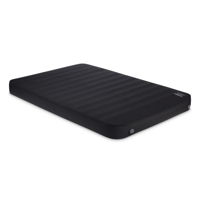 Image of a Dometic 15 High Self-Inflating Double Mattress, black with ribbed surface, shown from an angled side and top view.