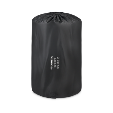 Image of a Dometic 15 High Self-Inflating Double Mattress, black with ribbed sleeping surface, angled side and top view on a black background.