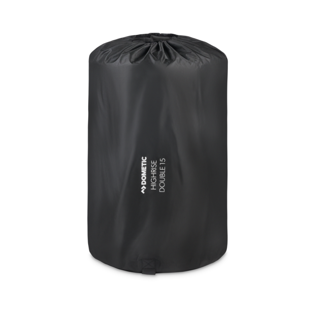 Image of a Dometic 15 High Self-Inflating Double Mattress, black with ribbed sleeping surface, angled side and top view on a black background.