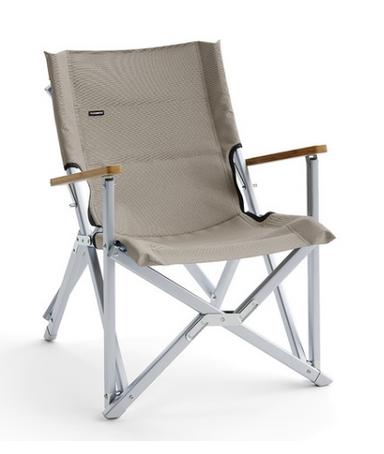 Image of a Dometic beige mesh folding camping chair with a silver aluminum frame and wooden armrests, angled front and side view on a white background.