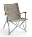 Image of a Dometic beige mesh folding camping chair with a silver aluminum frame and wooden armrests, angled front and side view on a white background.