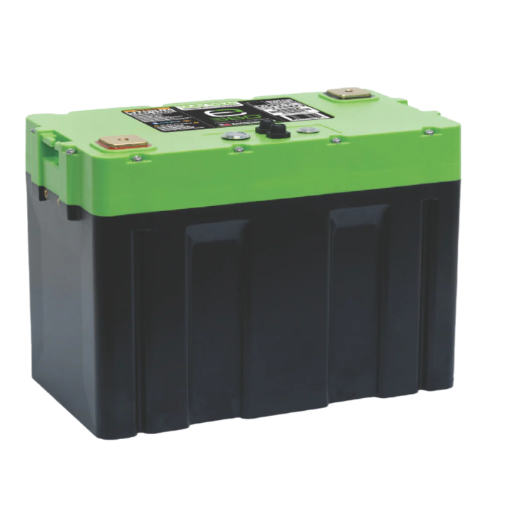 Image of a green and black Victron Energy Lithium Battery, shown from a slightly angled front and side view on a white background