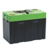 Image of a green and black Victron Energy Lithium Battery, shown from a slightly angled front and side view on a white background
