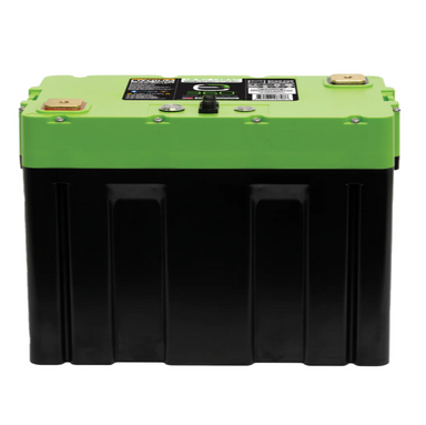 Image of a green and black Victron Energy Lithium Battery, shown from a direct front view on a white background