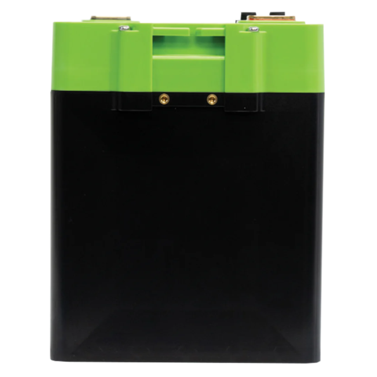 Image of a green and black Victron Energy Lithium Battery, shown from a direct rear view on a white background