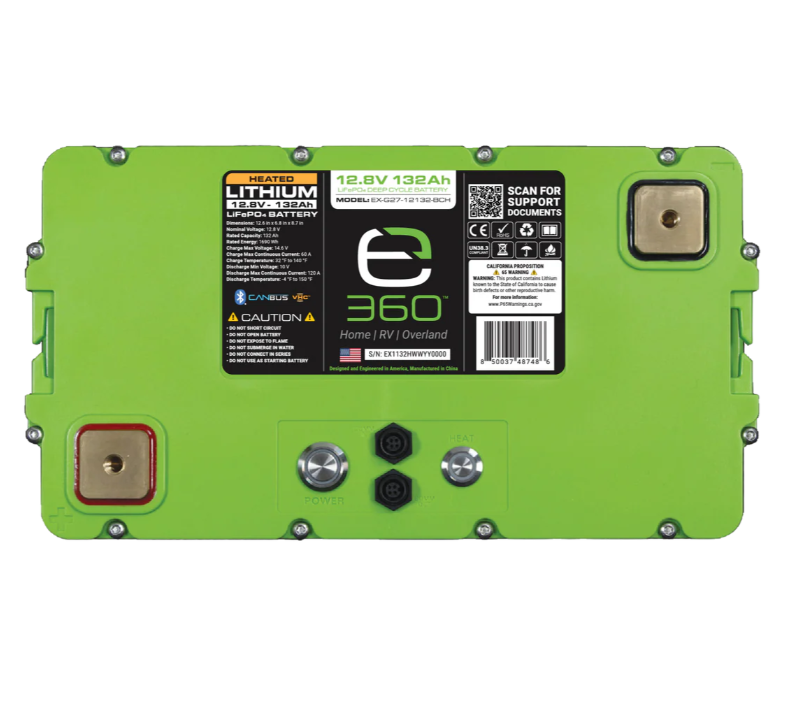 Image of the top of a Victron Energy Lithium Battery with a green casing, displaying various labels including "HEATED LITHIUM," "12.8V 132Ah," "e360," "Home | RV | Overland," and a QR code for support documents, along with battery terminals and connectors