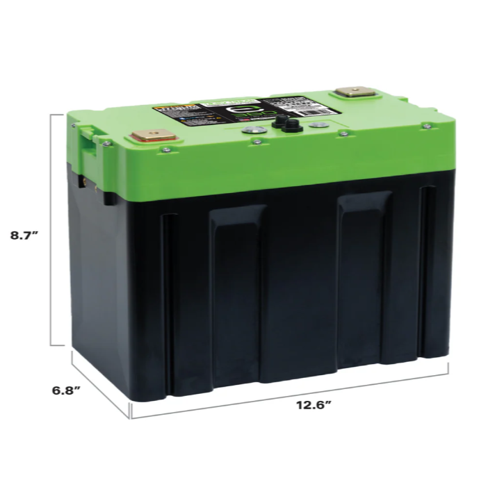 Image of a green and black Victron Energy Lithium Battery, shown from a slightly angled front and side view with dimensions labeled: 8.7" height, 6.8" width, and 12.6" length, on a white background