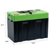 Image of a green and black Victron Energy Lithium Battery, shown from a slightly angled front and side view with dimensions labeled: 8.7" height, 6.8" width, and 12.6" length, on a white background