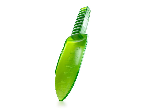Image of GSI Cathole Trowel in bright green, lightweight ergonomic design with serrated handle and pointed blade, angled front view on white background.