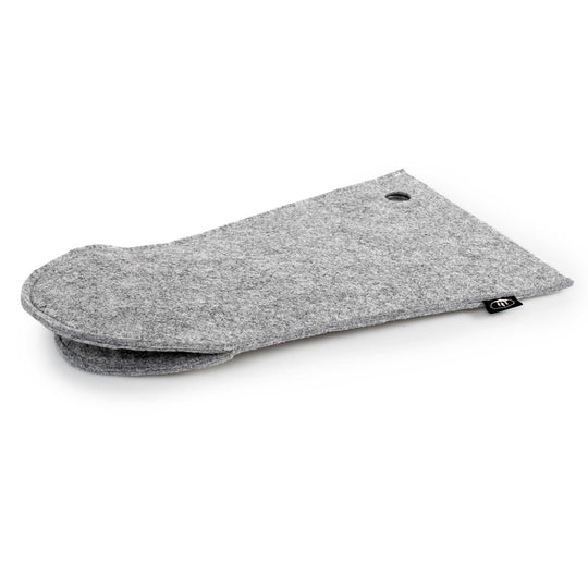 Image of GSI gray felt fire mitt heat-resistant glove, angled top view on white background.