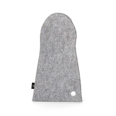 Image of GSI gray felt fire mitt heat-resistant glove, flat front view on white background.