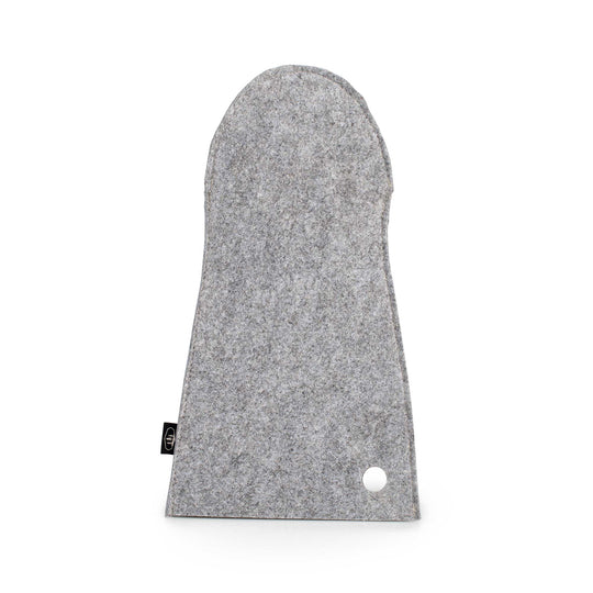 Image of GSI gray felt fire mitt heat-resistant glove, flat front view on white background.