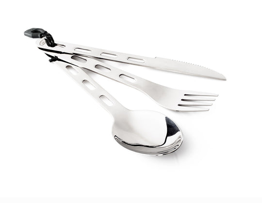 Image of GSI stainless steel 3-piece camping cutlery set including spoon, fork, and serrated knife clipped together, angled front view on white background.