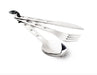 Image of GSI stainless steel 3-piece camping cutlery set including spoon, fork, and serrated knife clipped together, angled front view on white background.
