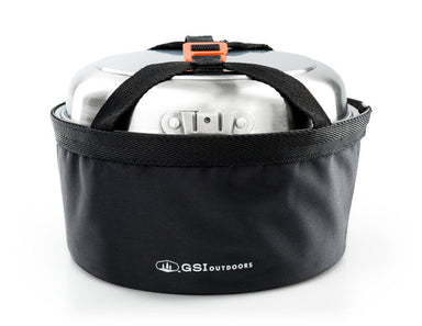 Image of GSI Outdoors Pinnacle Camper Cookset packed in its black storage bag, cinched securely with straps, on a white background.