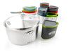 Image of the GSI Outdoors Glacier Pot 3L cookset components laid out, featuring the large pot with lid, various colorful plates, and nested insulated mugs, on a white background.