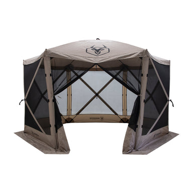 Image of a beige Gazelle-branded portable screen tent with black mesh walls, shown fully set up on a white background. The tent has a black logo on the roof and is open on two sides