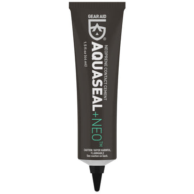 Image of Gear Aid Aquaseal Neo neoprene contact cement tube with black packaging and pointed applicator tip, front-facing view on a white background.