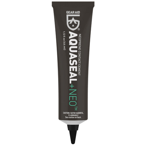 Image of Gear Aid Aquaseal Neo neoprene contact cement tube with black packaging and pointed applicator tip, front-facing view on a white background.