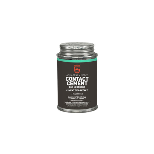 Image of Gear Aid Aquaseal Neo contact cement metal can with screw-top lid and black label, front-facing product view on a white background.