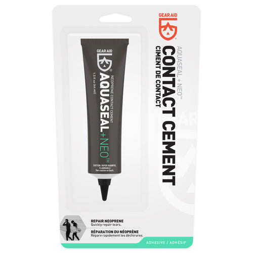 Image of Gear Aid Aquaseal Neo contact cement tube displayed in clear retail blister packaging, front-facing view on a white background.