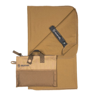 Image of Gear Aid cooling towel folded with attached mesh storage pouch, tan fabric with snap closure and logo tag, front view on white background.