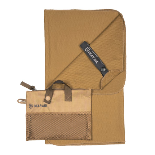 Image of Gear Aid cooling towel folded with attached mesh storage pouch, tan fabric with snap closure and logo tag, front view on white background.