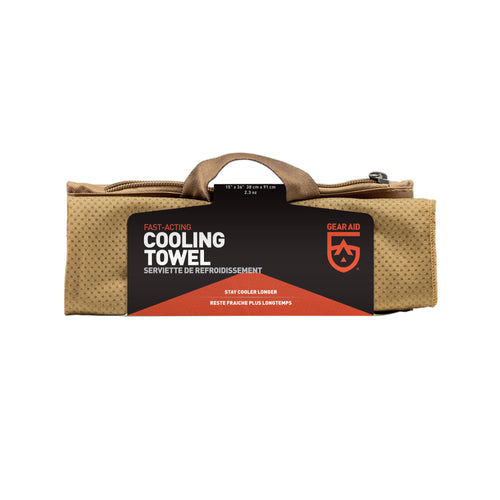 Image of Gear Aid fast-acting cooling towel folded in zippered carry pouch with retail label, tan fabric with handle, front view on white background.