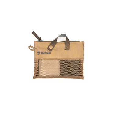 Image of Gear Aid micro terry washcloth kit storage pouch with mesh front and carry handle, tan fabric with zipper closure, front view on white background.