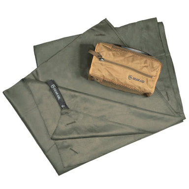 Image of Gear Aid microfiber towel unfolded with zippered carry pouch, olive green fabric with tan storage case, angled top view on white background.