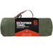 Image of Gear Aid quick-dry microfiber towel rolled with retail label and hanging loop, olive green fabric with branded wrap, front view on white background.
