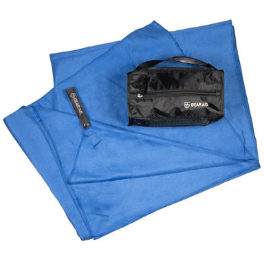 Image of Gear Aid microfiber towel unfolded with zippered carry pouch, blue fabric with black storage case, angled top view on white background.