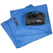Image of Gear Aid microfiber towel unfolded with zippered carry pouch, blue fabric with black storage case, angled top view on white background.