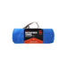 Image of Gear Aid microfiber towel rolled with retail label and hanging loop, blue fabric with branded wrap, front view on white background.