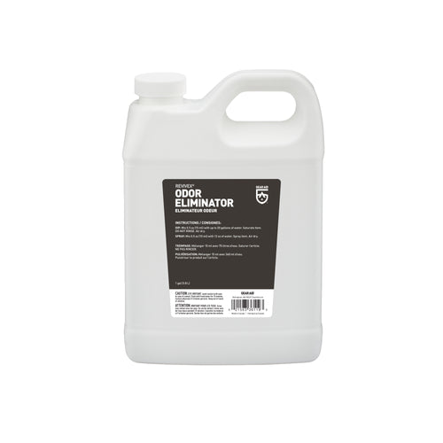 Image of Gear Aid Revivex Odor Eliminator large refill jug, translucent plastic container with built-in handle and black product label, rear-facing view on white background.