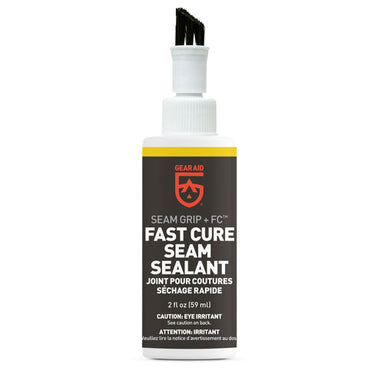 Image of Gear Aid Seam Grip FC Fast Cure Seam Sealant bottle with built-in brush applicator, white plastic container with black label and yellow accent, front-facing view on white background.