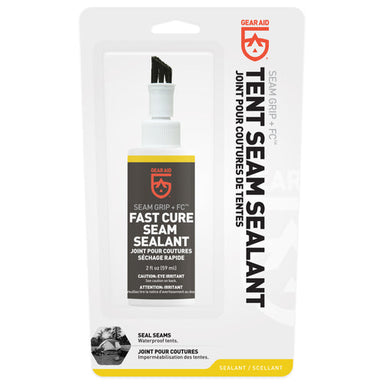 Image of Gear Aid Seam Grip FC Tent Seam Sealant in retail blister packaging, featuring fast cure seam sealant bottle with brush applicator, front-facing view on white background.