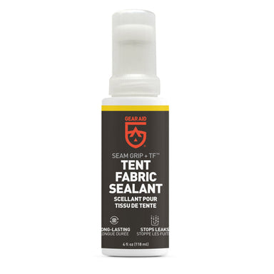 Image of Gear Aid Seam Grip TF Tent Fabric Sealant bottle, white plastic container with black label and yellow accent, front-facing view on white background.