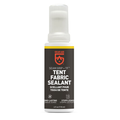 Image of Gear Aid Seam Grip TF Tent Fabric Sealant bottle, white plastic container with black label and yellow accent, front-facing view on white background.