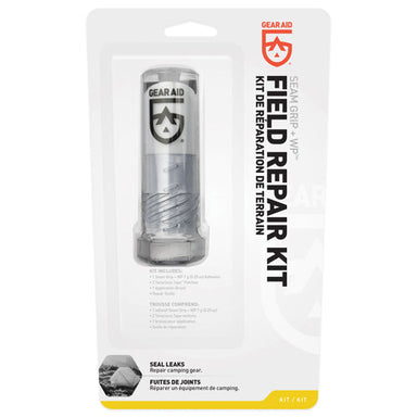 Image of Gear Aid Seam Grip WP Field Repair Kit in retail blister packaging, featuring clear cylindrical case with repair tools inside, front-facing view on white background.